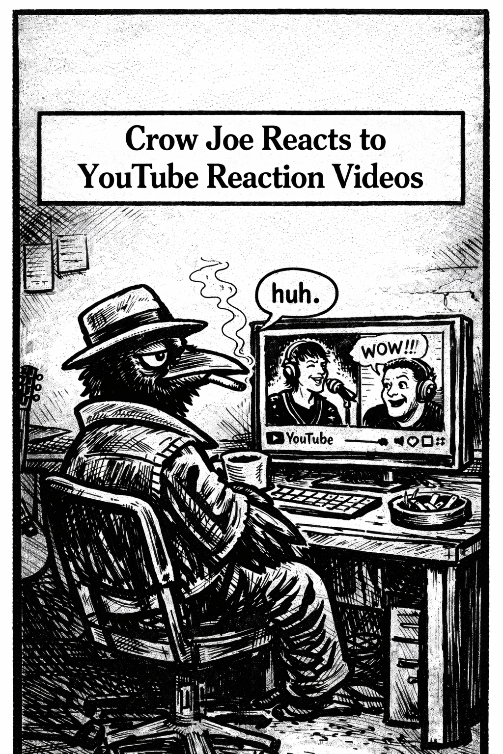 crow joe in the age of a comic - crow joe the blues playing crow is at his desktop watching youtube reaction videos with a bored look on his face and a cigarette dangling out of his mouth.  on screen the influencer is giving an over excited WOW! speech bubble.  crow unimpressed reacts with a simple huh.  the caption reads crow joe reacts to youtube reaction videos.  there is a whole genre of influencers giving their over hyped opinions of other peoples videos, crow joe is not one of them.